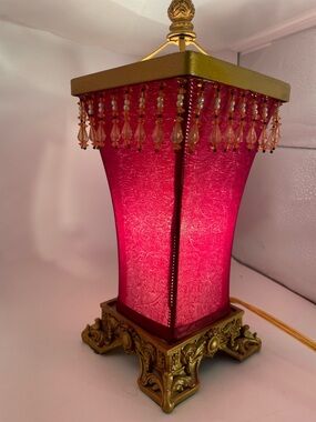 Vintage Lamp Beaded Red Fabric Shade Tassel Fringe Gold